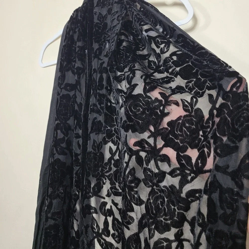 Black‎ Floral Velvet Burnout Scarf Fringe Winter Whimsigoth Fairy Grunge Goth